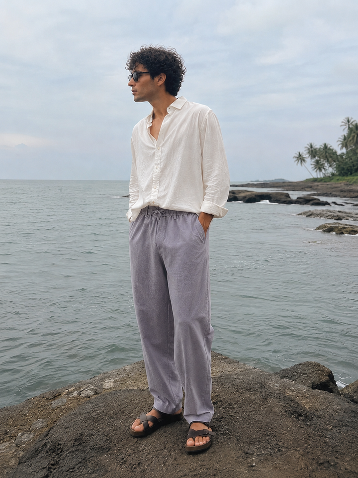 Linen : Turquoise Grey Baggy Trousers