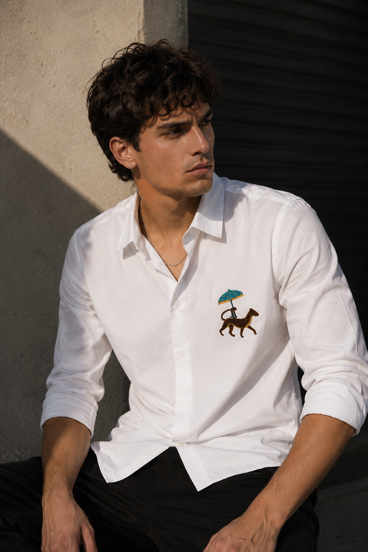 Leopard: White Embroidery Shirt