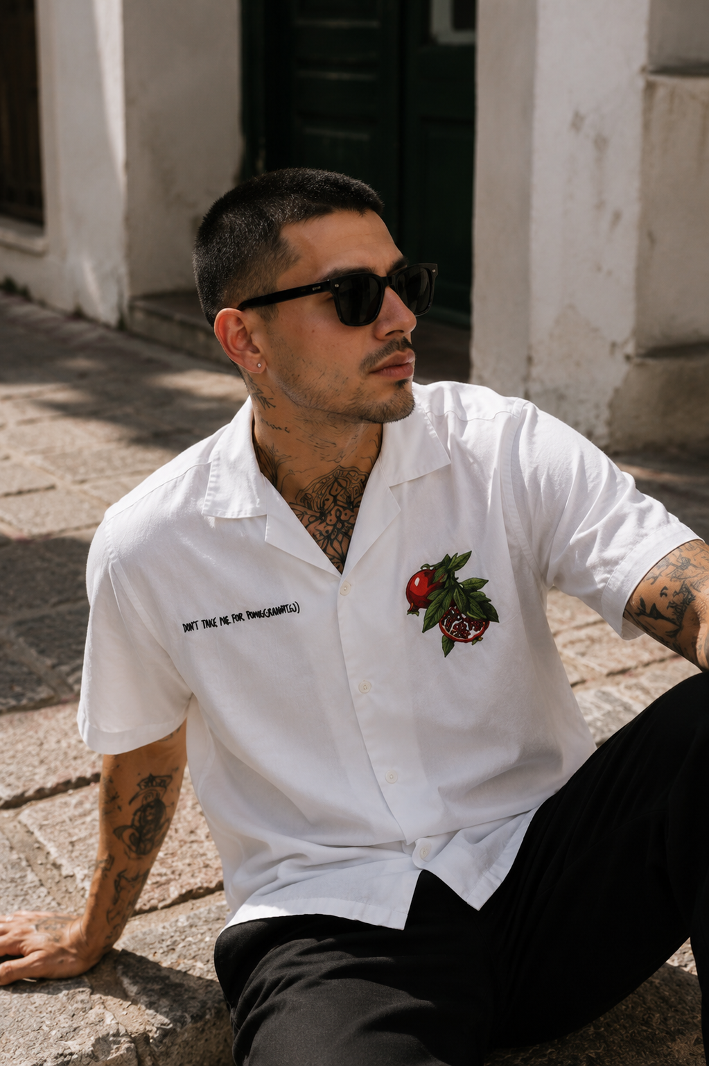 Pomegranate: White Embroidery Cuban Shirt