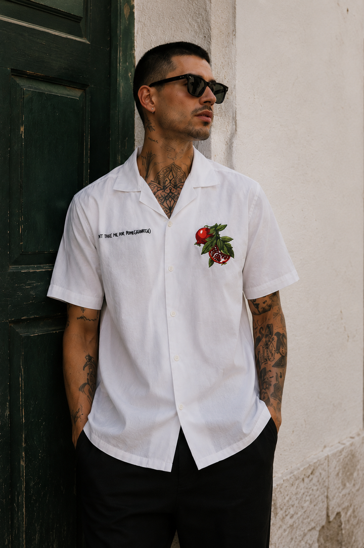 Pomegranate: White Embroidery Cuban Shirt