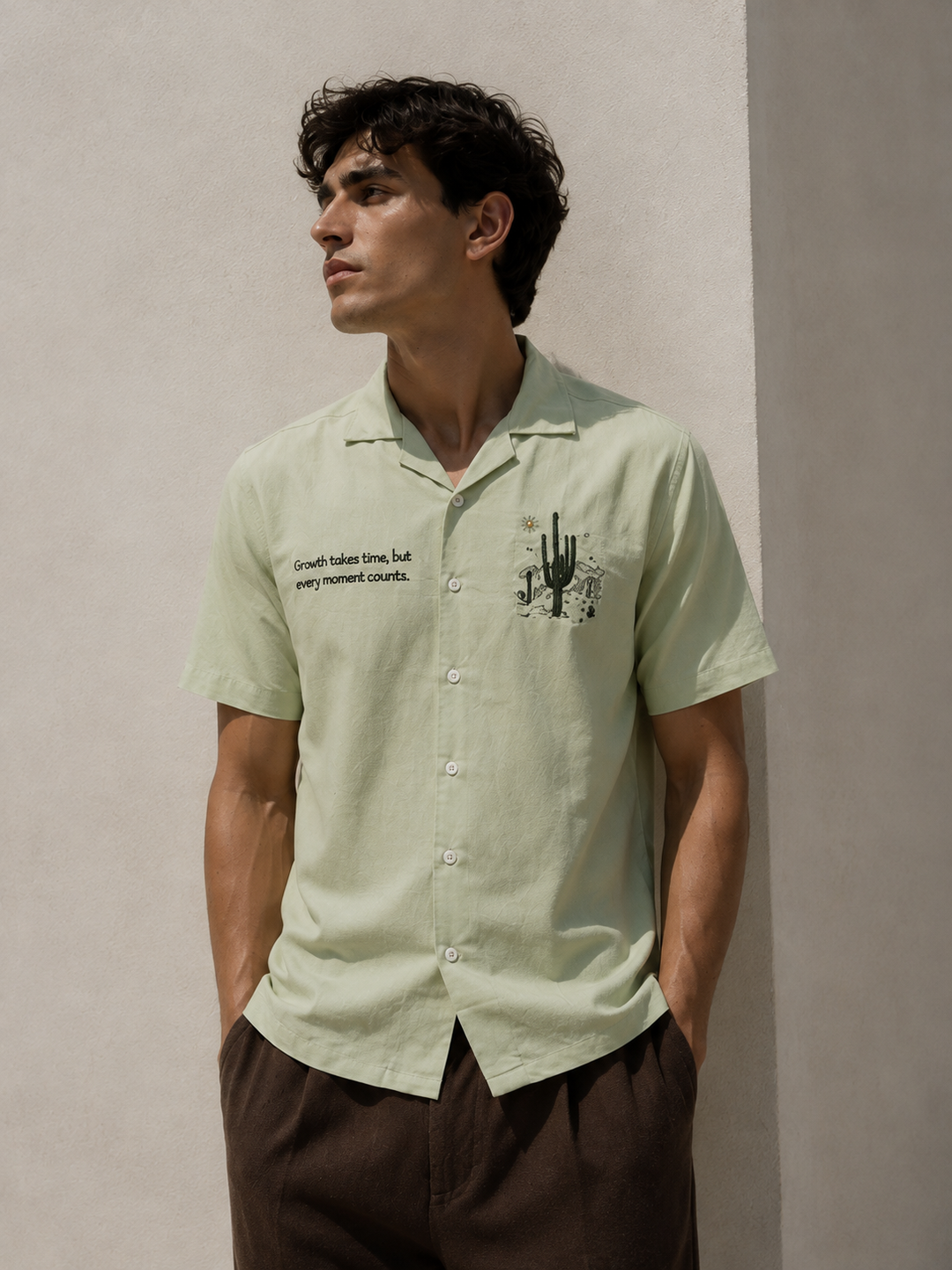 Cactus: Green Embroidery Cuban Shirt