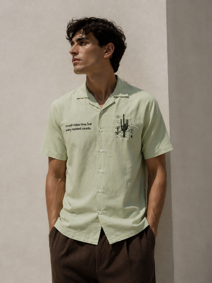 Cactus: Green Embroidery Cuban Shirt