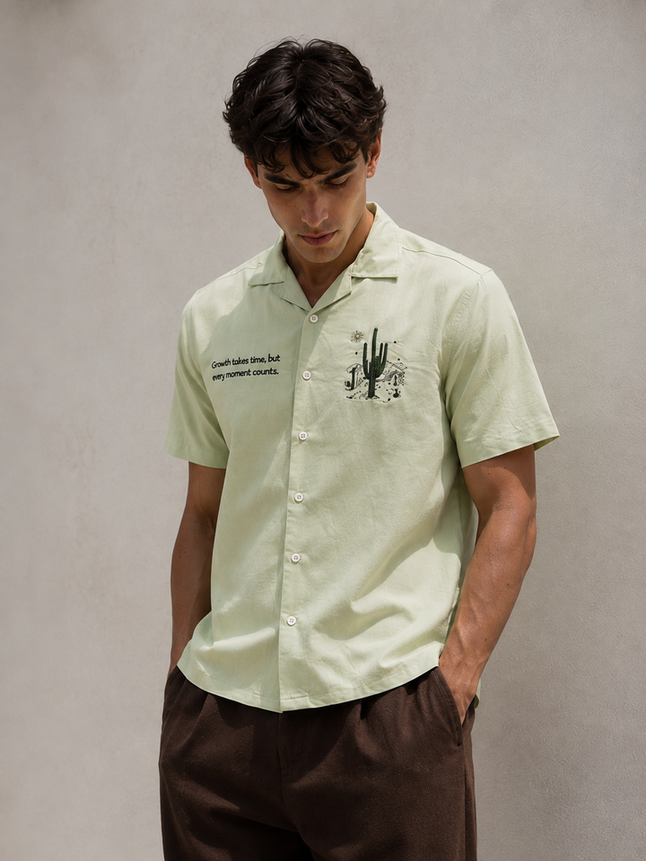 Cactus: Green Embroidery Cuban Shirt
