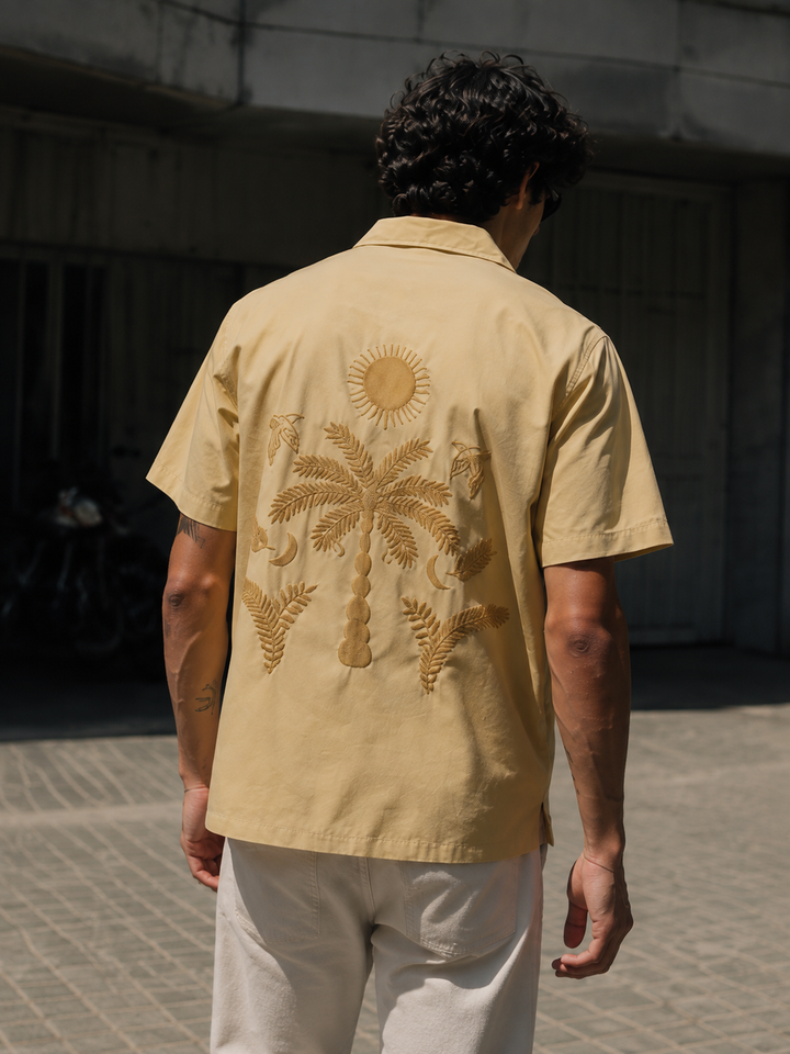 Plam tree: Embroidery Beige Cuban Shirt