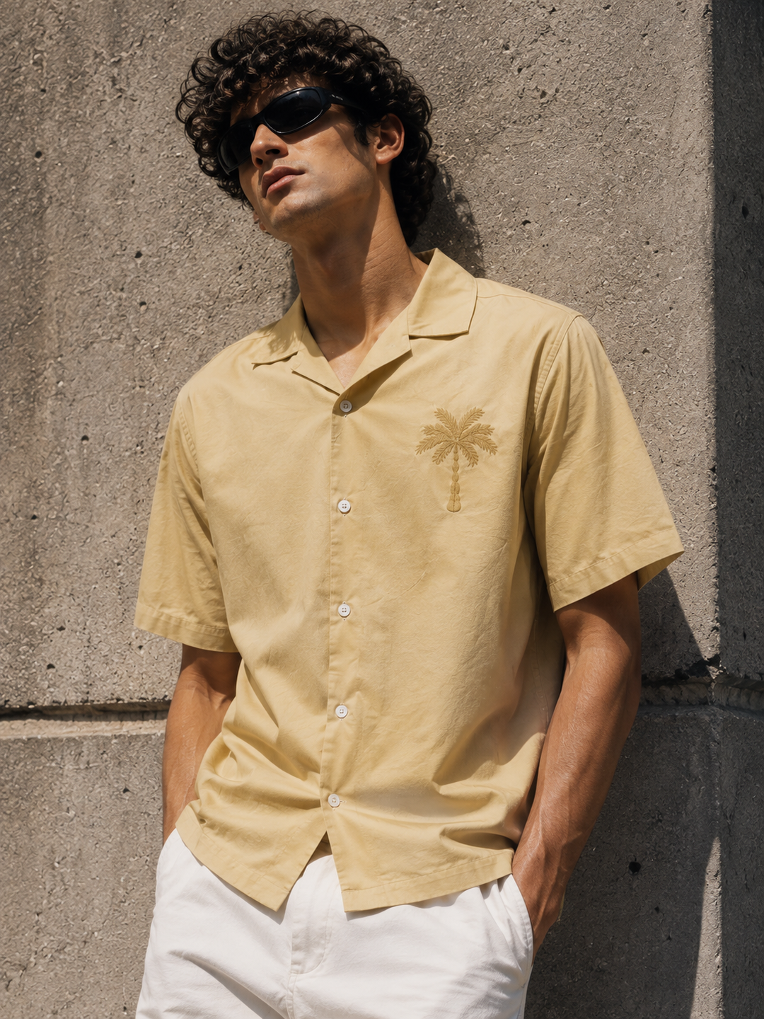 Plam tree: Embroidery Beige Cuban Shirt