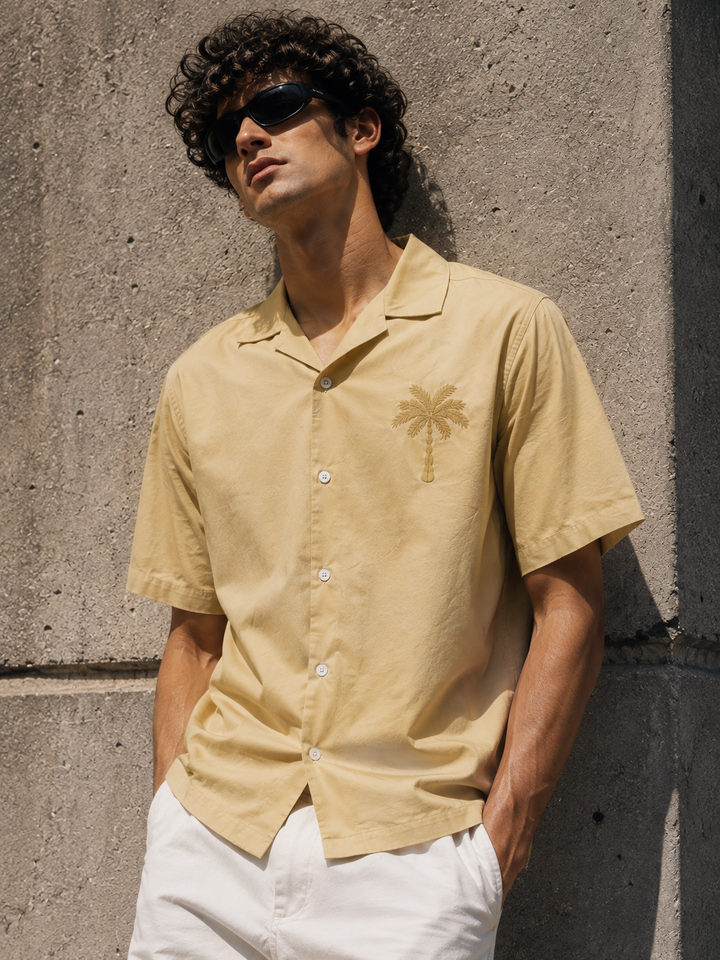 Plam tree: Embroidery Beige Cuban Shirt