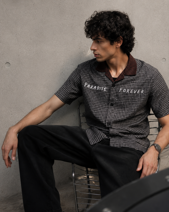Paradise Forever: Black Checks Embroidery Cuban Shirt