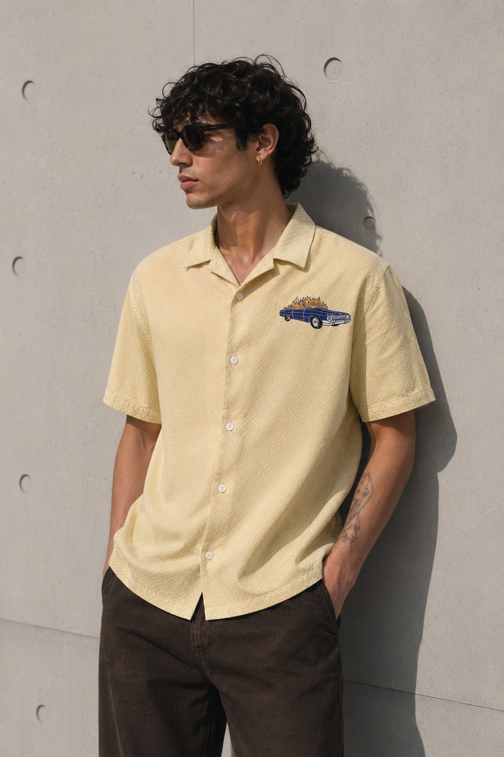 Fire Car: Boxy Fit Cream Embroidery shirt