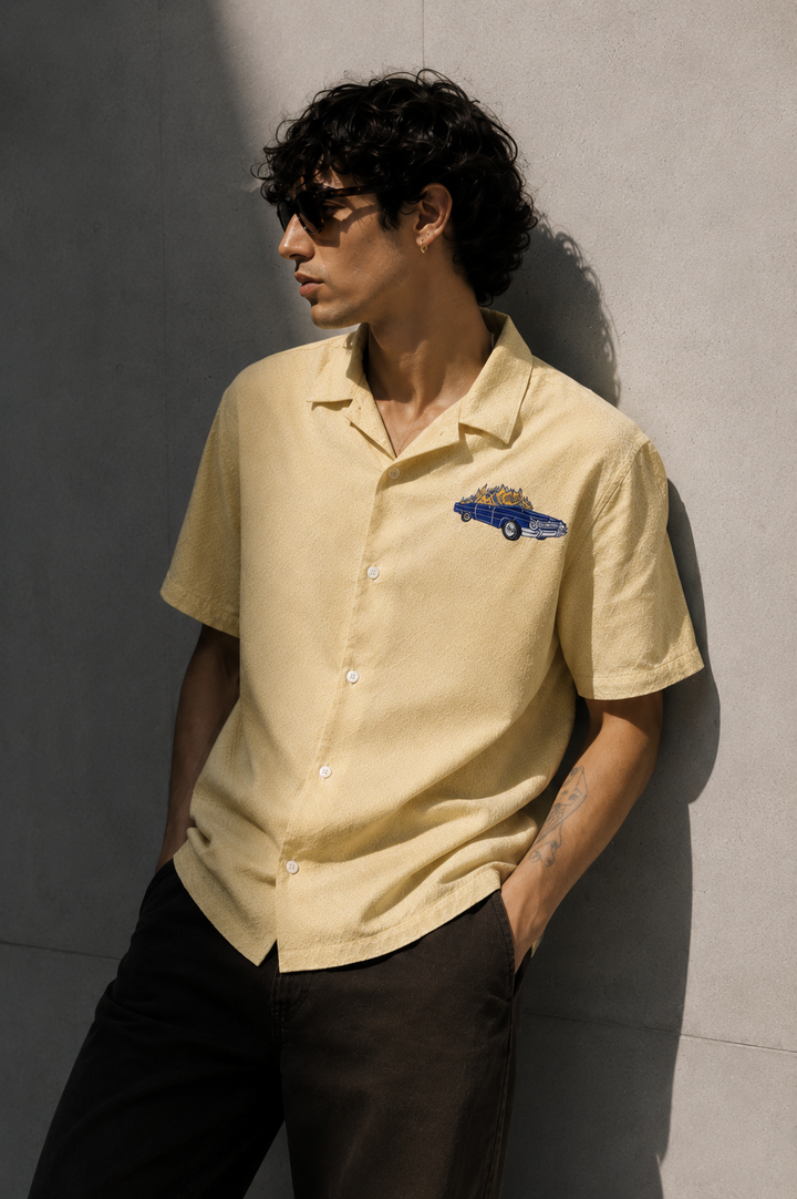 Fire Car: Boxy Fit Cream Embroidery shirt