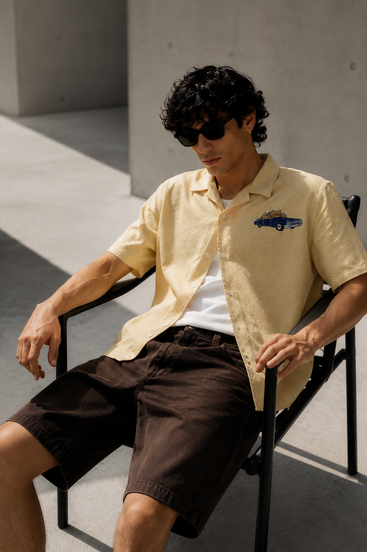 Fire Car: Boxy Fit Cream Embroidery shirt