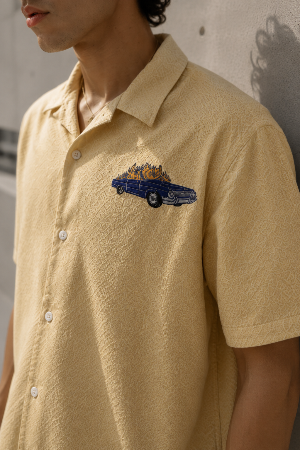 Fire Car: Boxy Fit Cream Embroidery shirt