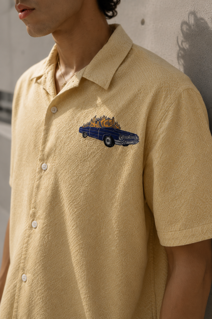 Fire Car: Boxy Fit Cream Embroidery shirt