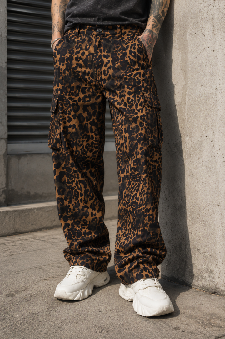 Animal Printed Twill Baggy Cargo Pants