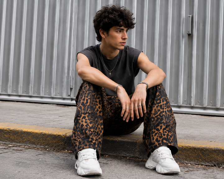 Animal Printed Twill Baggy Cargo Pants