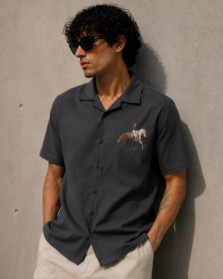 Race-Horse: Embroidery Textured Fabric Cuban Shirt