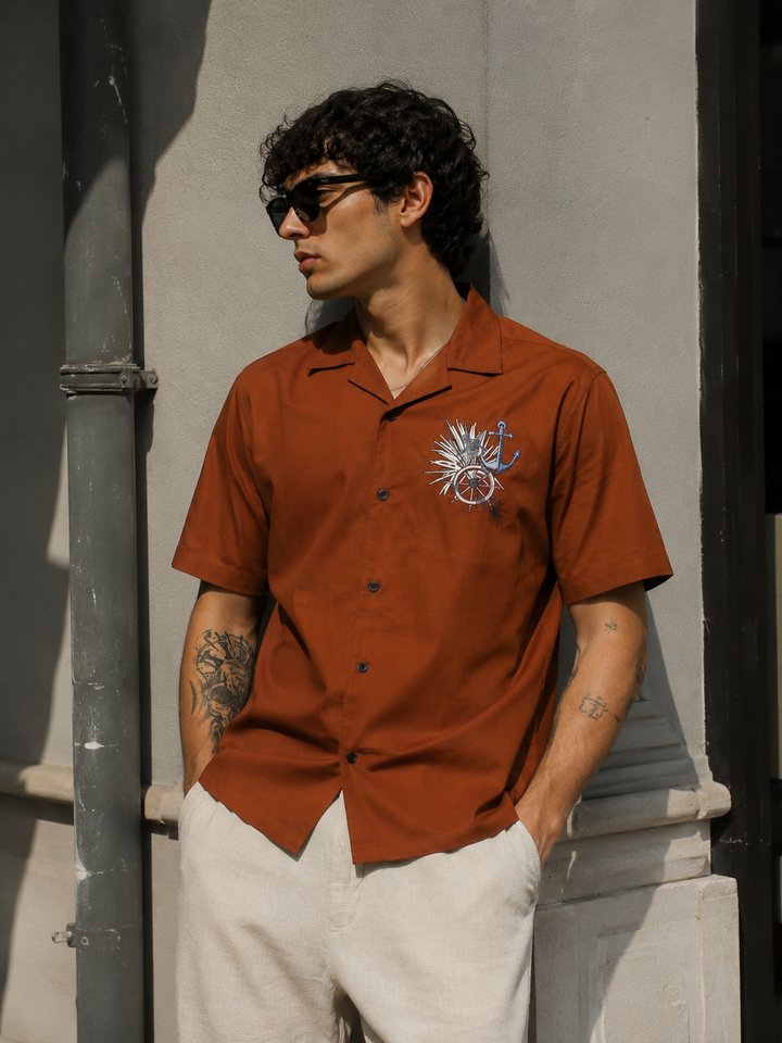 Anchor: Embroidery Brown Cuban Shirt