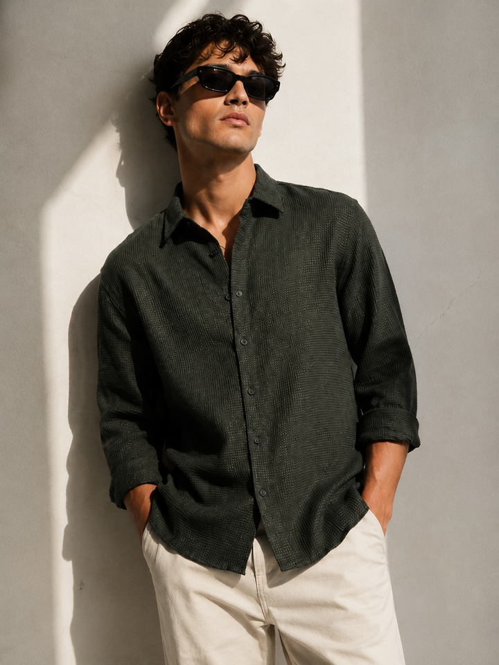 Solids Olive : Textured Fabric Shirt