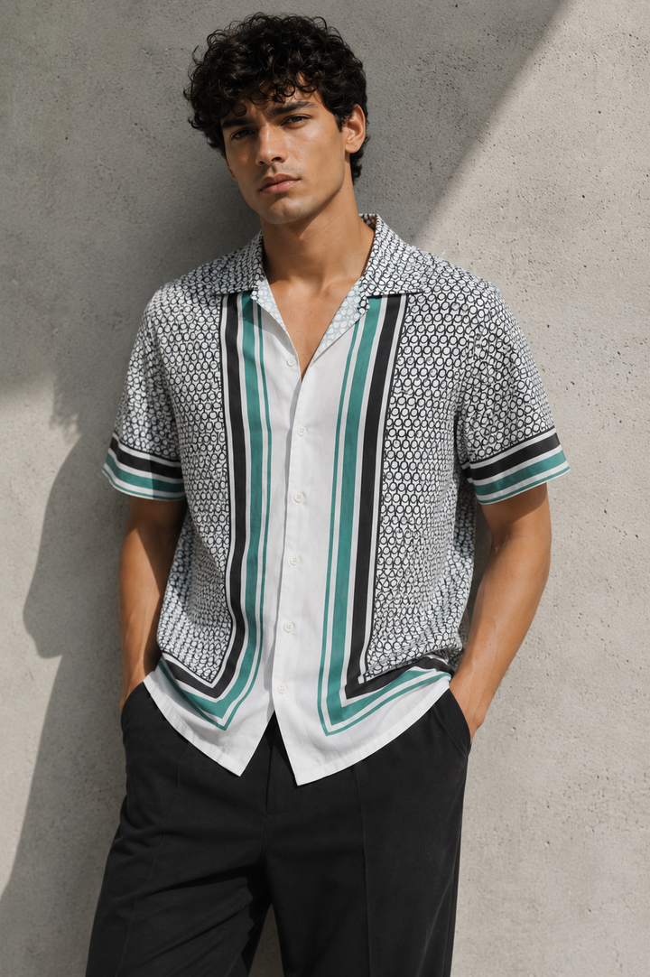 Originals: White Block Print Cotton Cuban Shirt