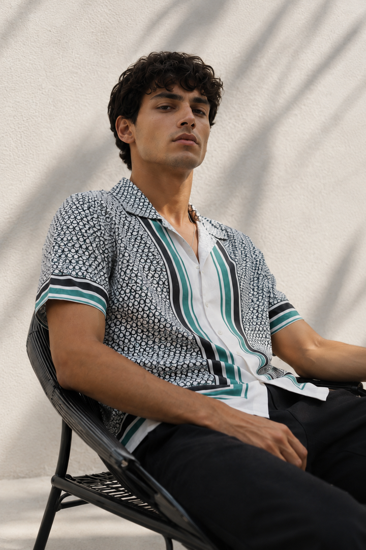 Originals: White Block Print Cotton Cuban Shirt