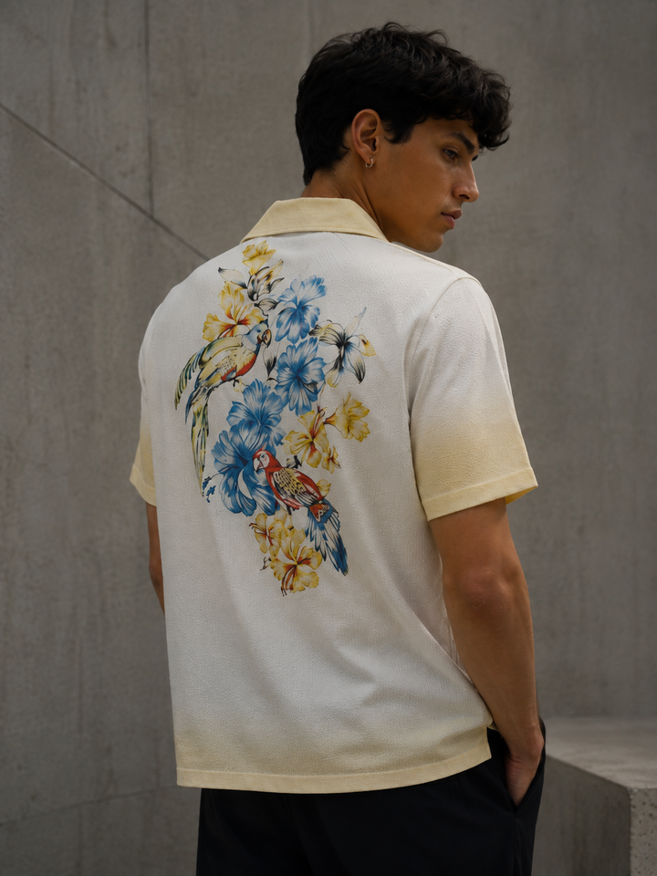 Classic: Parrot Printed White Cuban Cotton Shirt