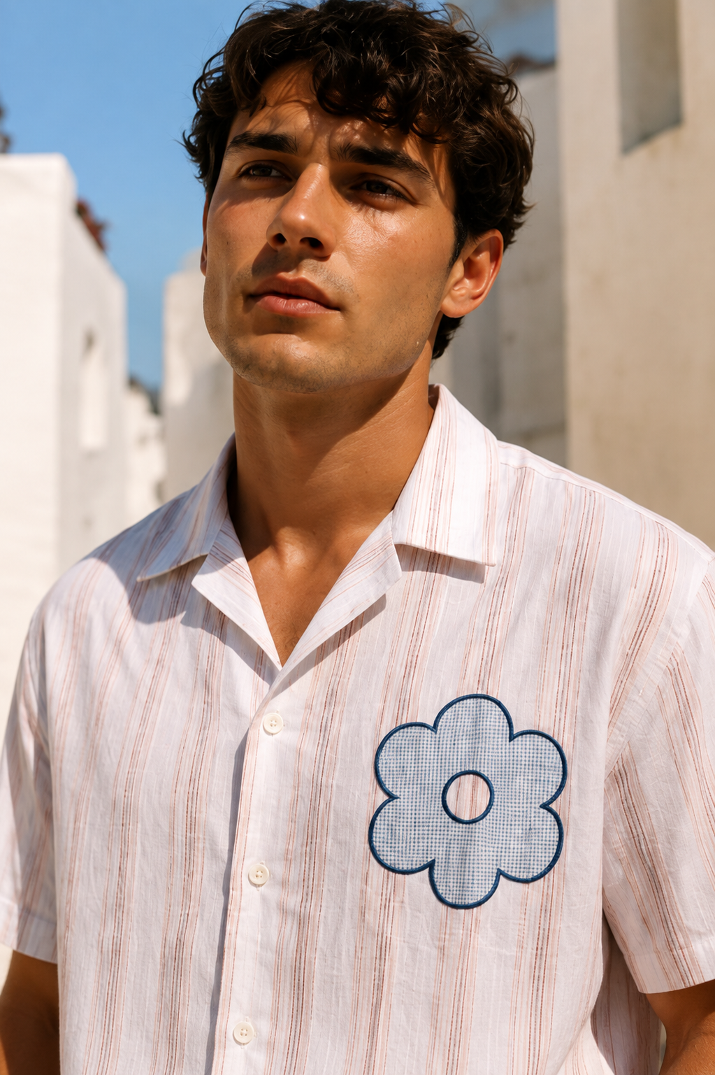 Boxy Fit: Aplique Flower Pink Stripes Cuban Shirt
