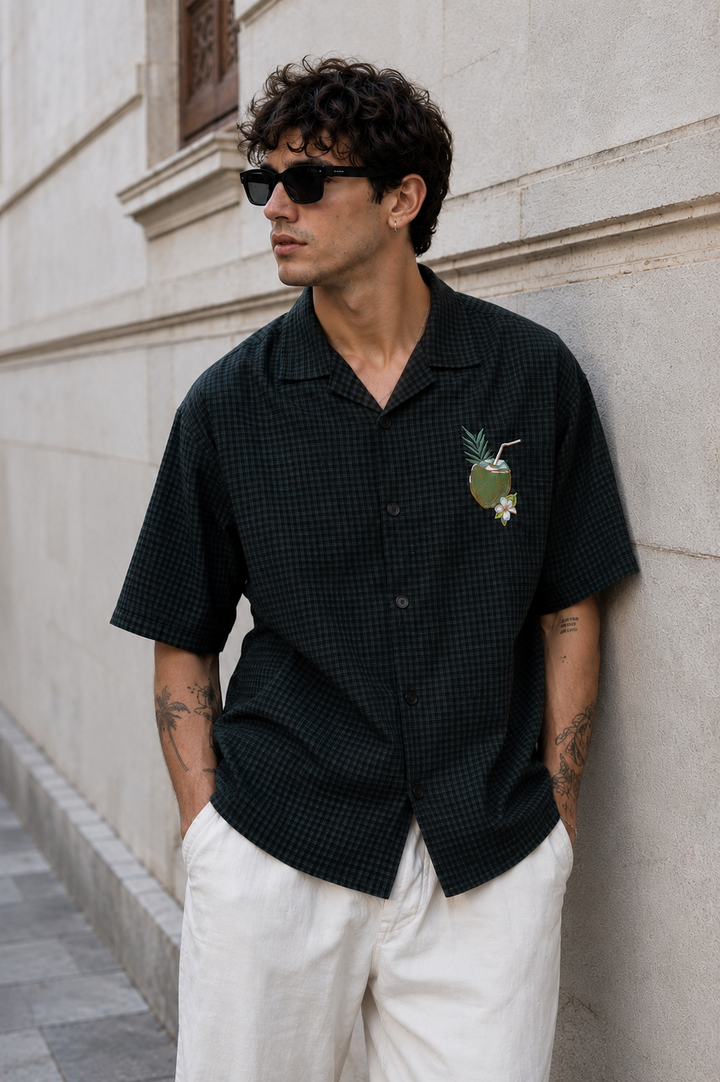 Plaid: Coconut Green Oversized Embroidery Shirt