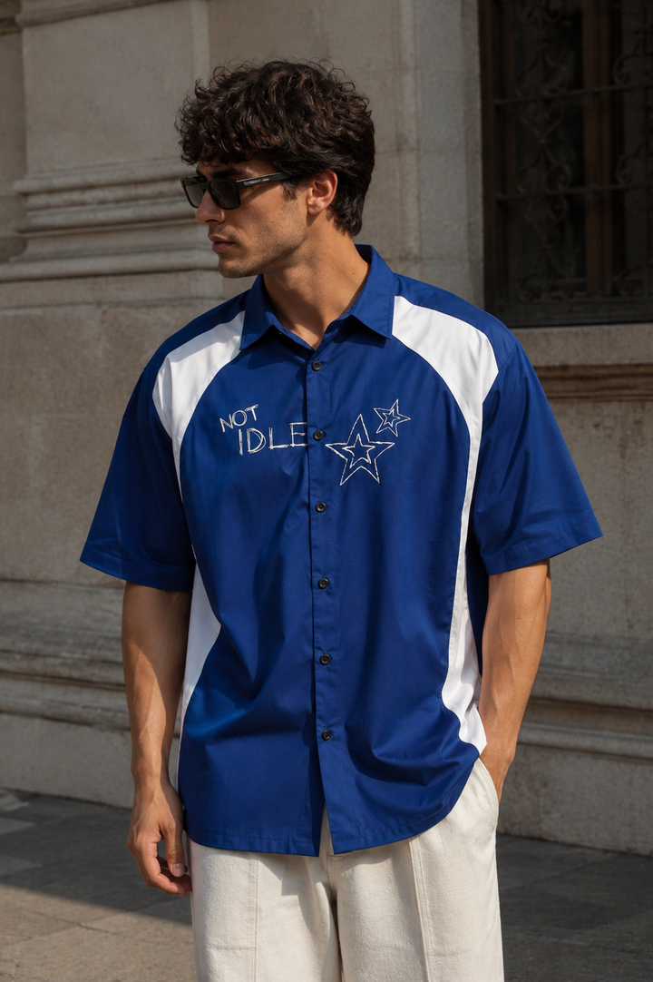 Not Idle: Cut & Sew Oversized Blue Cotton Shirt