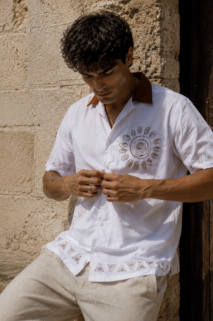 Sun: White Embroidery Cotton Cuban Shirt