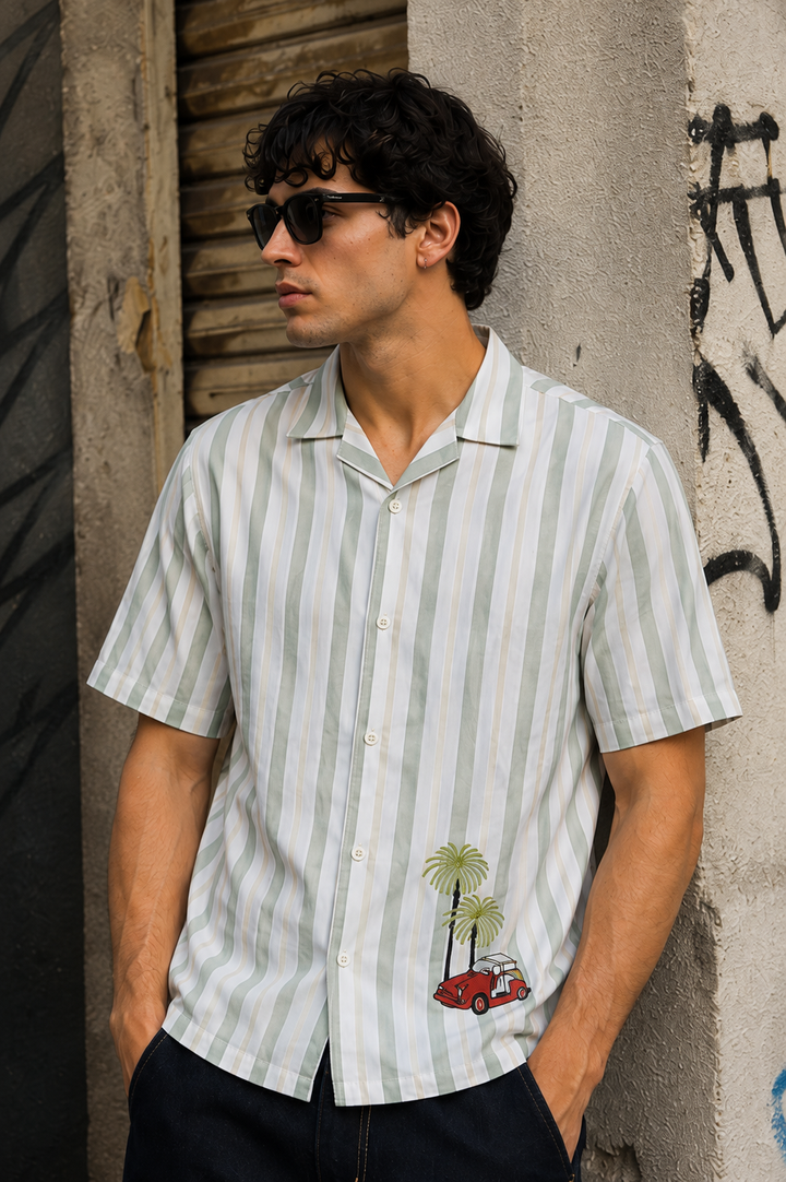 Stripes Car Embroidery Cuban Shirt