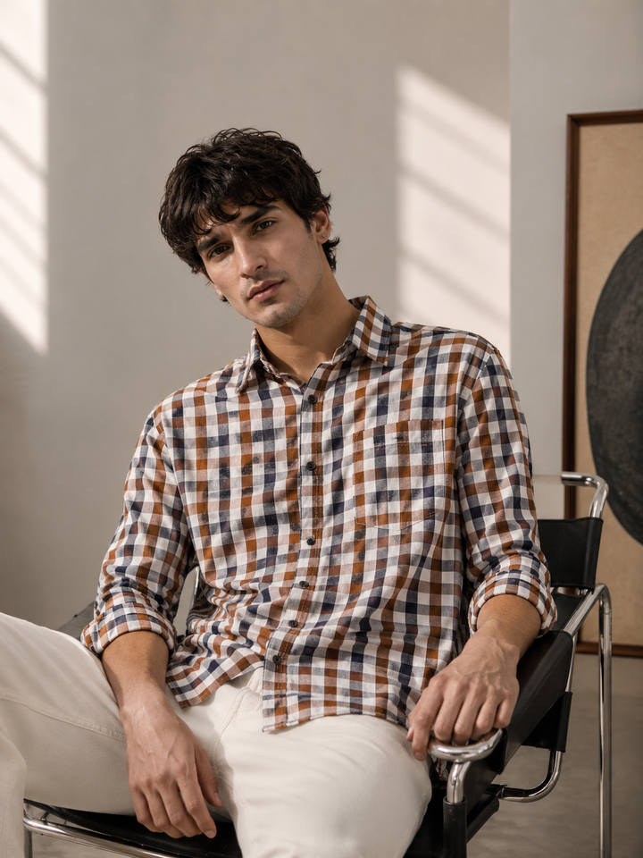 Twill: Brown & White Checks Shirt