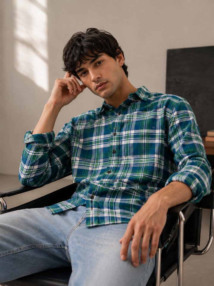 Twill: Green & Blue Checks Shirt