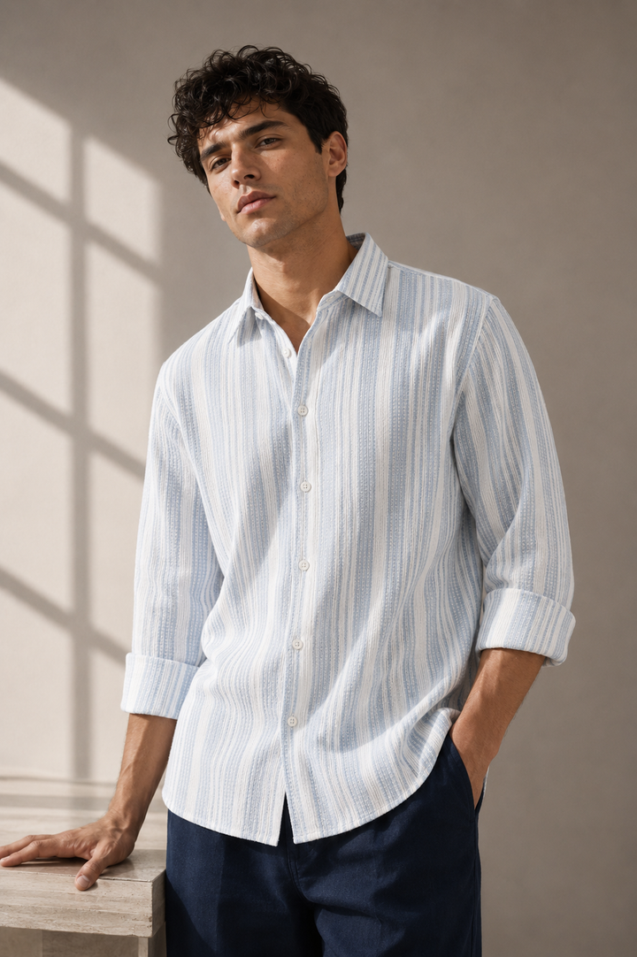 Stripes: Blue Textured Fabric Shirt