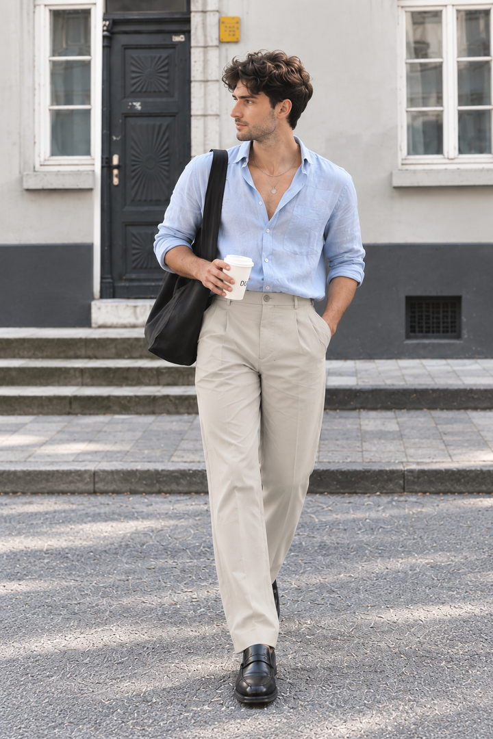 Korean Fit: Straight Creamish Navy Pants