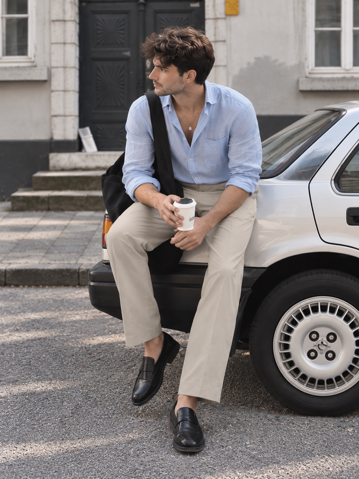 Korean Fit: Straight Creamish Navy Pants