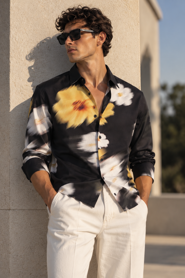 Blur Flower Black Printed Satin Shirt