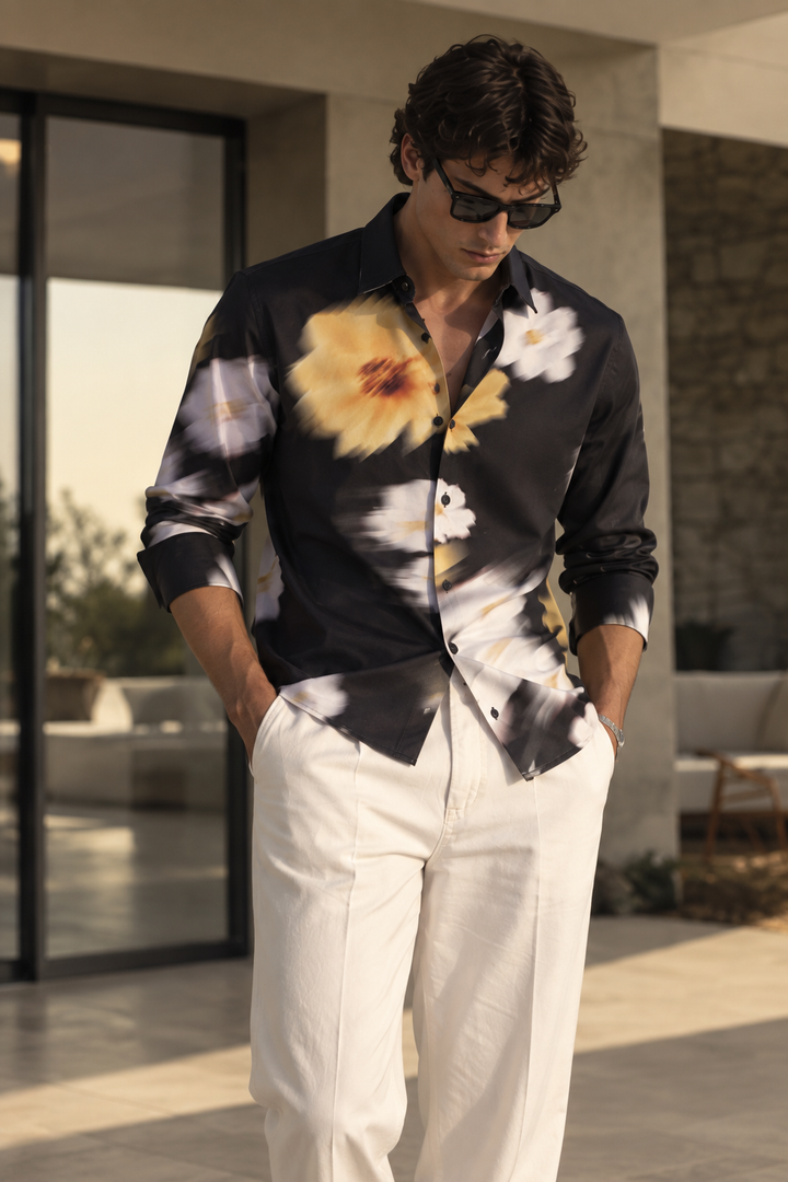 Blur Flower Black Printed Satin Shirt