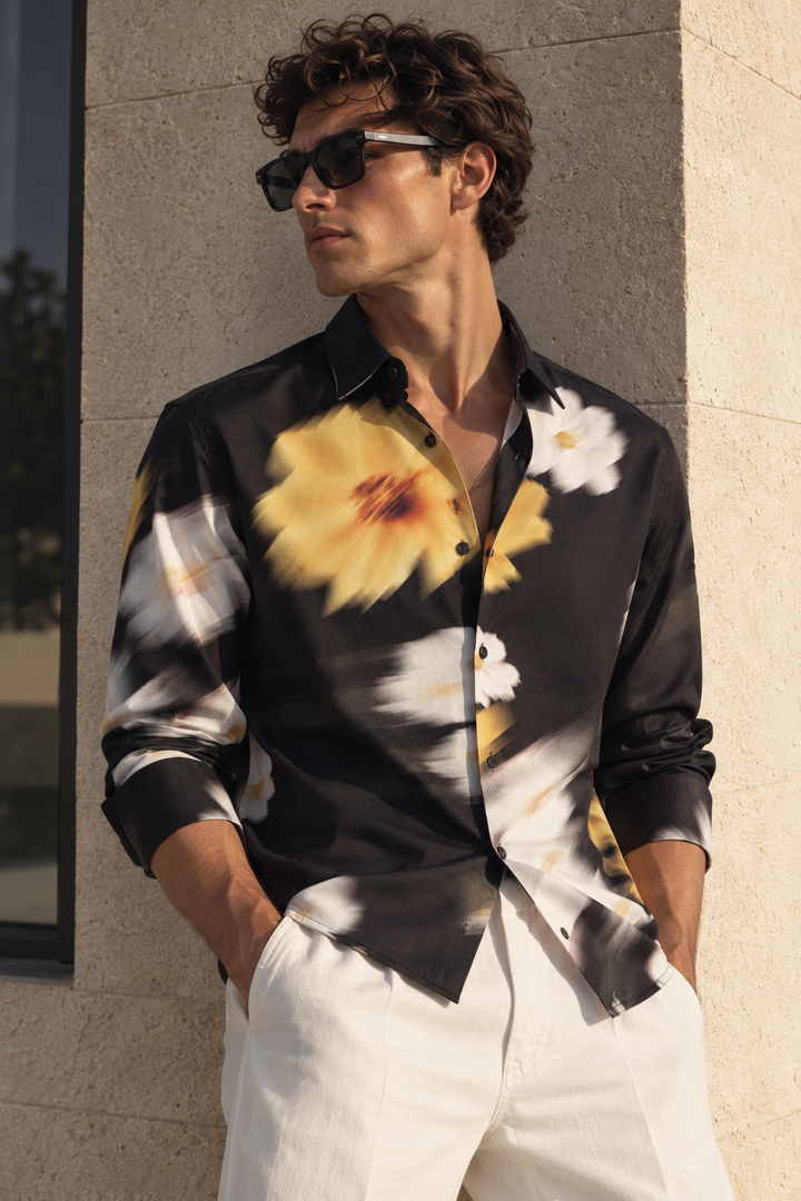 Blur Flower Black Printed Satin Shirt