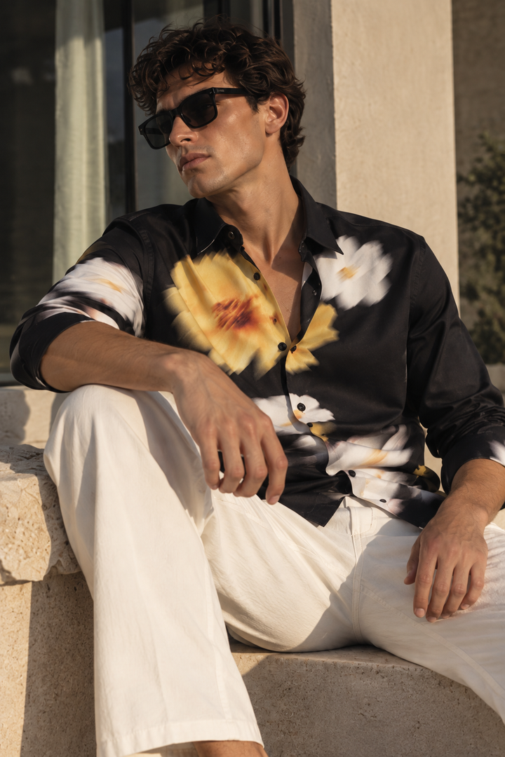 Blur Flower Black Printed Satin Shirt