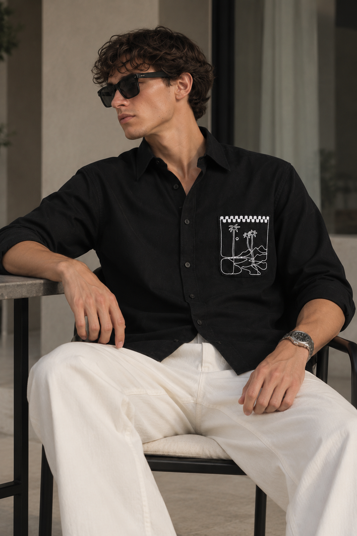 Pocket Landscape Embroidery : Linen Black Shirt