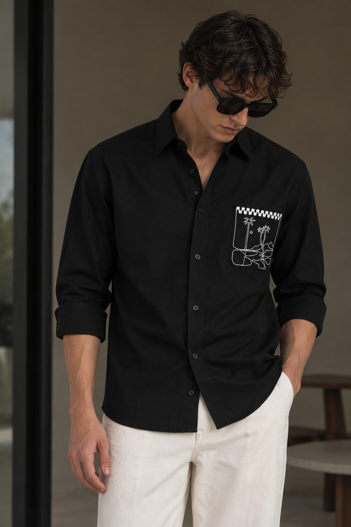 Pocket Landscape Embroidery : Linen Black Shirt