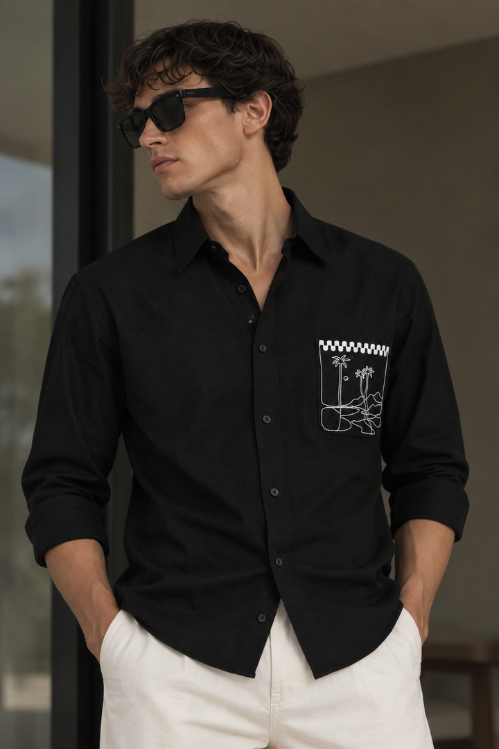 Pocket Landscape Embroidery : Linen Black Shirt