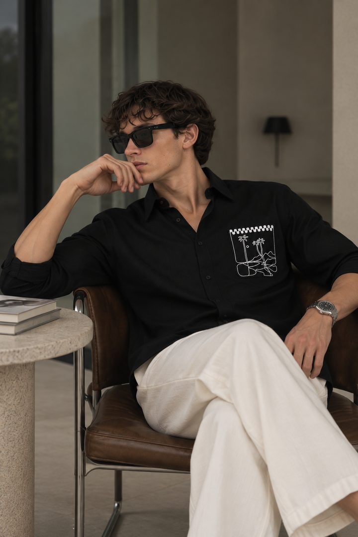 Pocket Landscape Embroidery : Linen Black Shirt