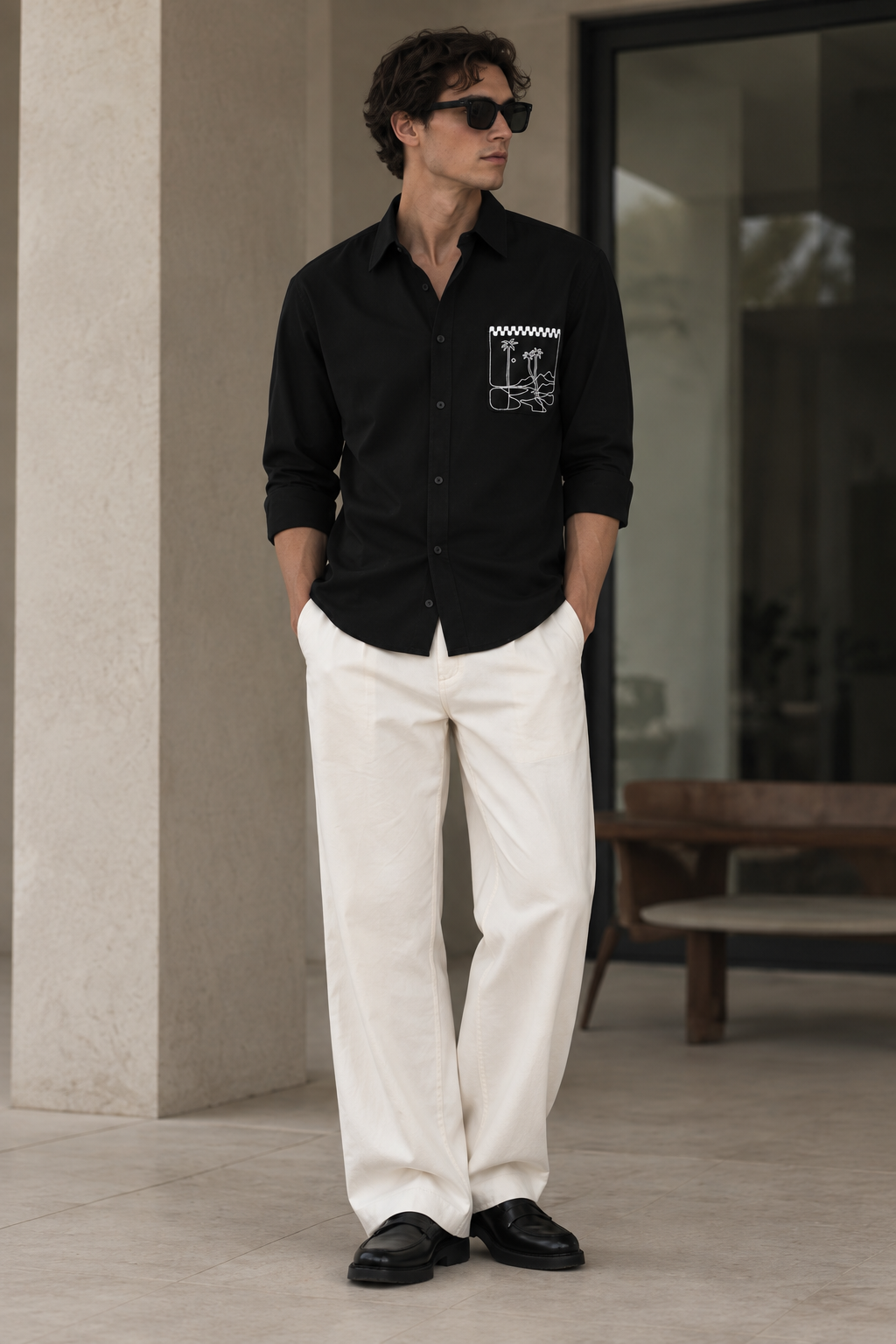Pocket Landscape Embroidery : Linen Black Shirt