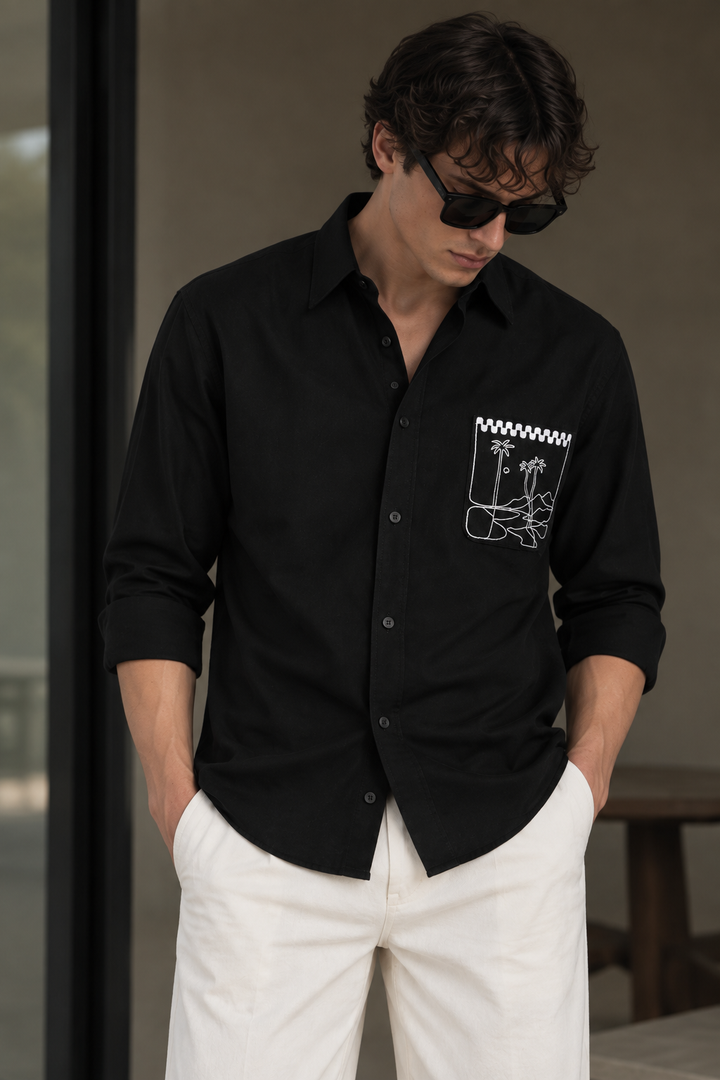 Pocket Landscape Embroidery : Linen Black Shirt