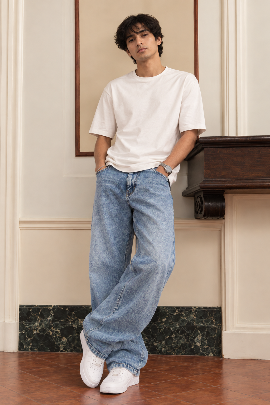 Straight Fit : Acid Washed Blue Jeans