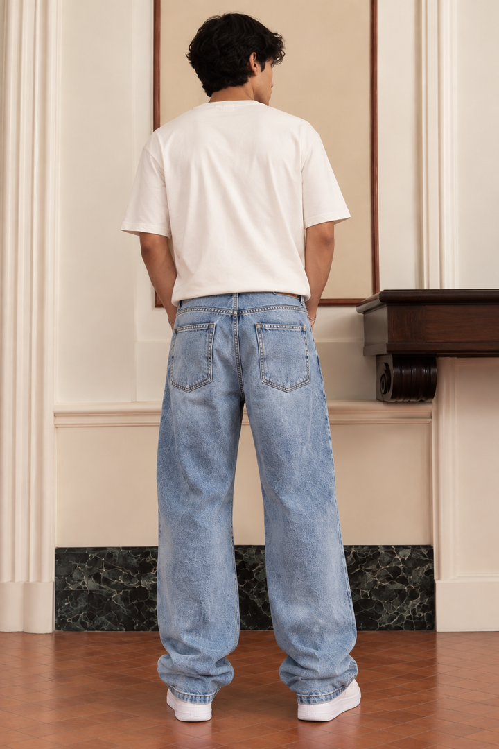 Straight Fit : Acid Washed Blue Jeans