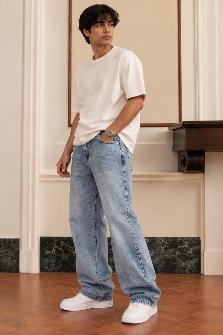 Straight Fit : Acid Washed Blue Jeans