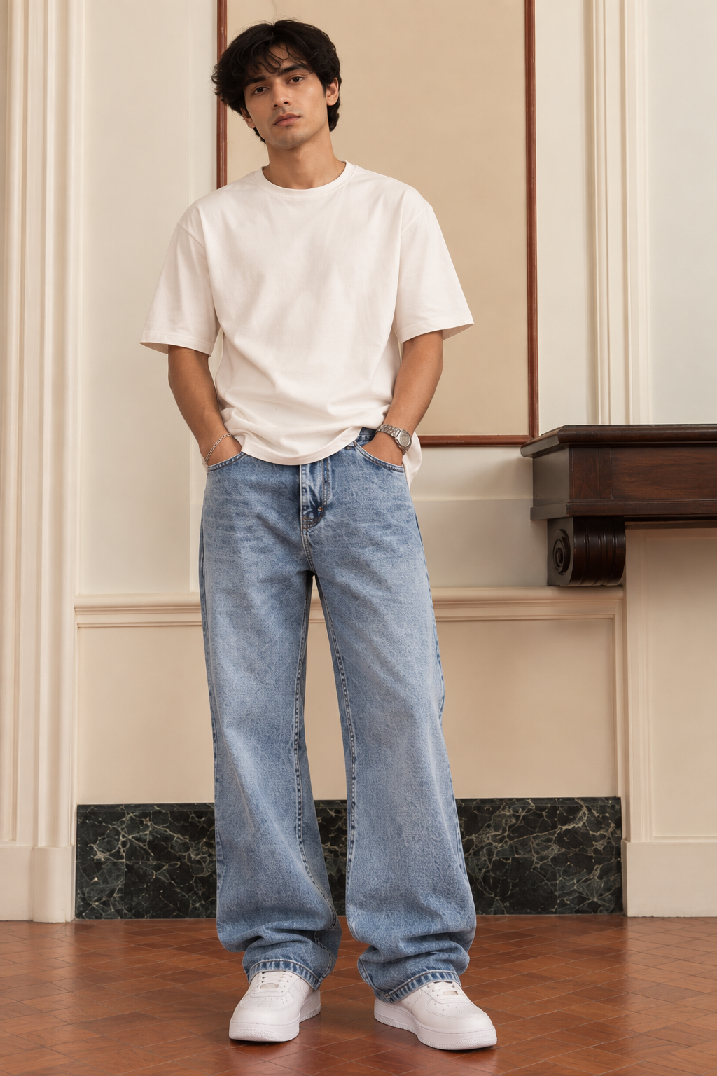 Straight Fit : Acid Washed Blue Jeans