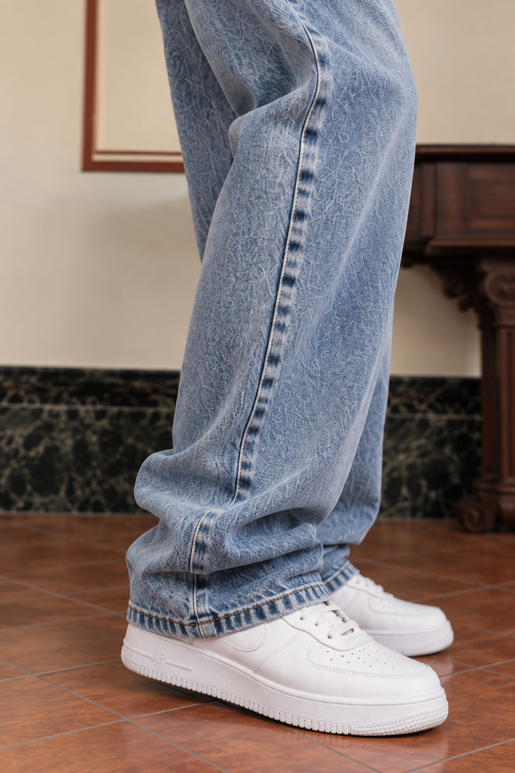 Straight Fit : Acid Washed Blue Jeans