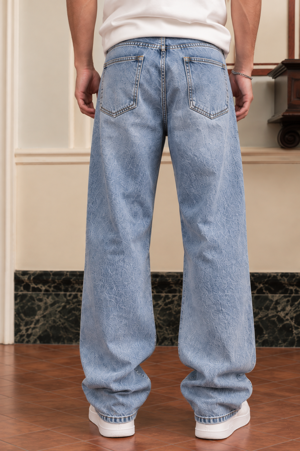 Straight Fit : Acid Washed Blue Jeans